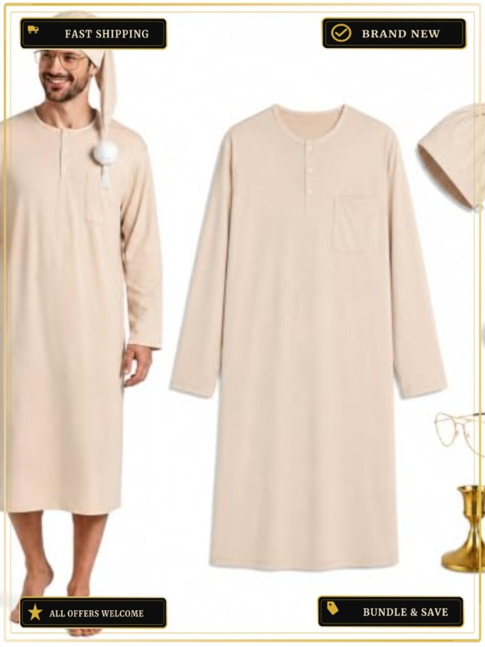 Men's Vintage Nightgown 4-Piece Costume Set Long Sleeve Pajama Christmas